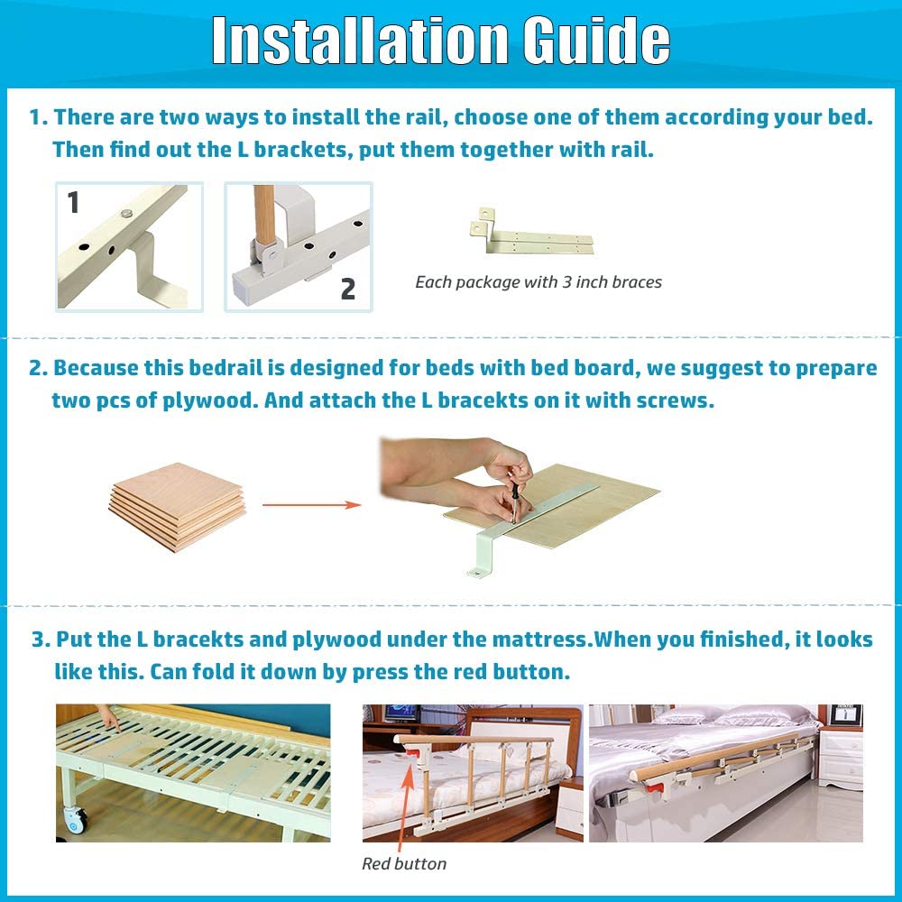 Bed Rails for Elderly Adults Grab Bar Bed Hand Rails Assist Rail Handle Fold Down Medical Hospital Sides Rails Guard Home Care Handicap Safety Assistance Devices (34L*18H)