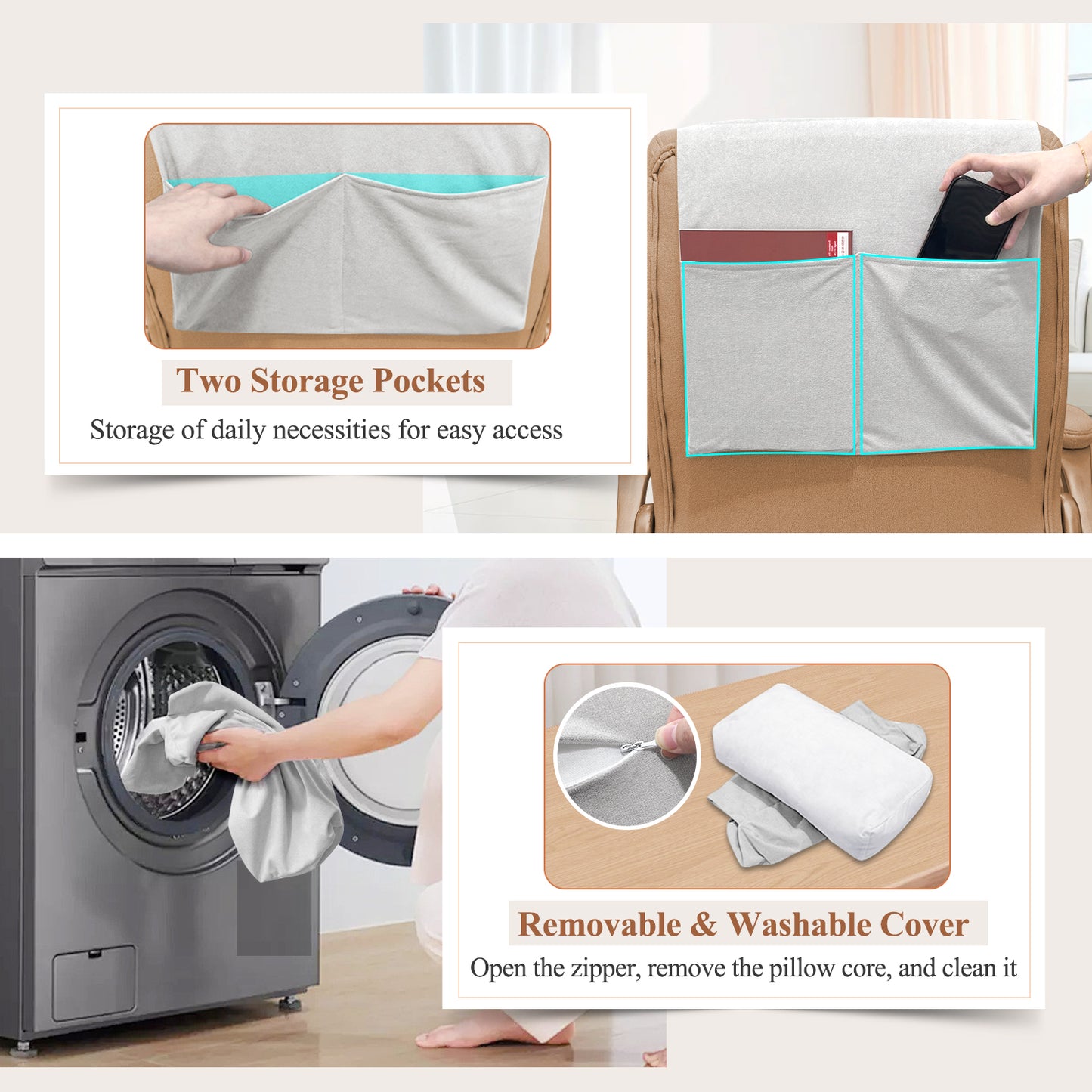 Recliner Pillow for Headrest, Neck and Head Pillow for Recliner Chair, Neck Support Pillow for Chair Head Rest, Couch Neck Pillow Headrest Cushion for Pain Relief, Cervical Support with Storage Pocket