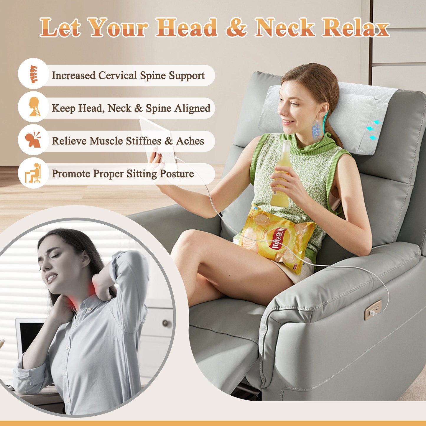 Recliner Pillow for Headrest, Neck and Head Pillow for Recliner Chair, Neck Support Pillow for Chair Head Rest, Couch Neck Pillow Headrest Cushion for Pain Relief, Cervical Support with Storage Pocket
